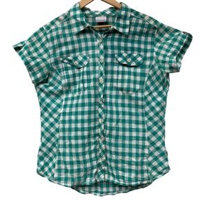 Columbia Short Sleeve Checked Button Shirt Plaid XL Green White Women 100%Cotton